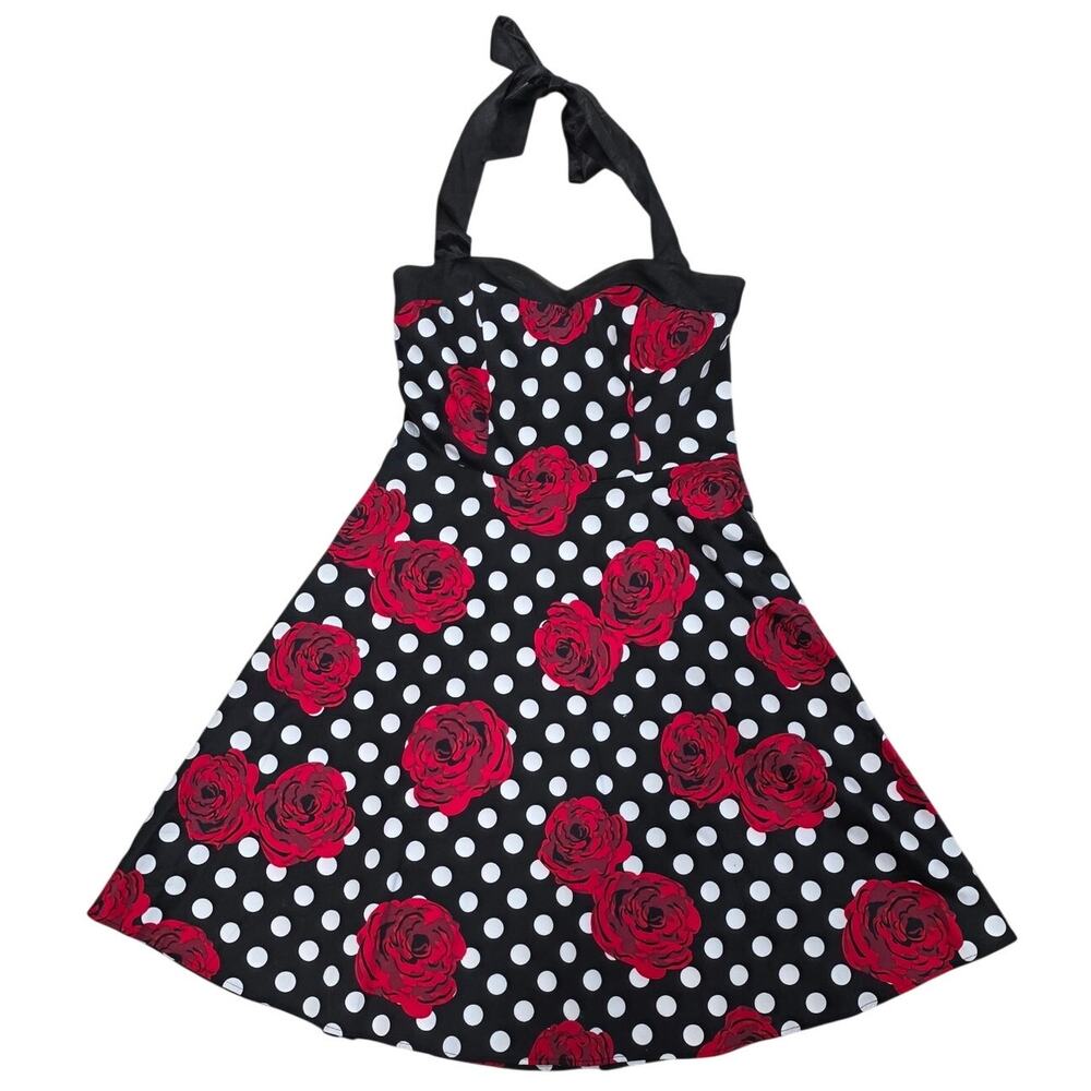 Dress Tells Polka Dot Red Floral Halter Pin Up Retro Swing Dress Size Large